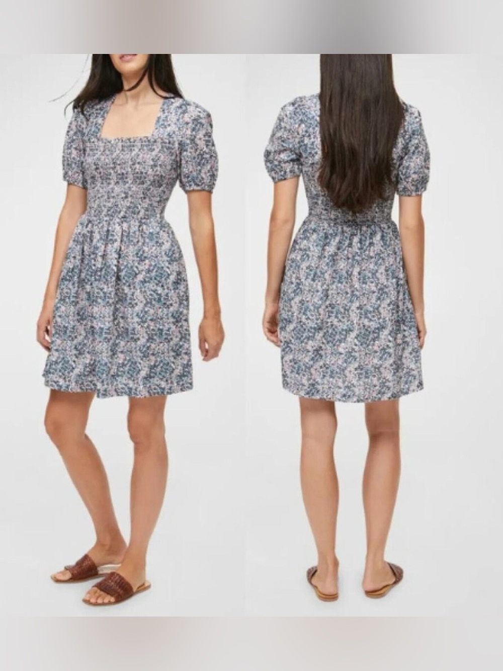 NWT Michael Stars Jude smocked Blue Floral Square-Neck Puff Sleeve Mini Dress S